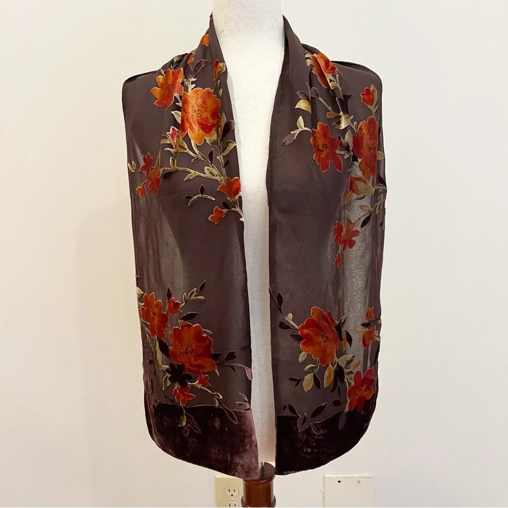 Echo Silk Velvet Burnout Scarf Women Rectangular Brown Floral Sheer Chiffon Luxe